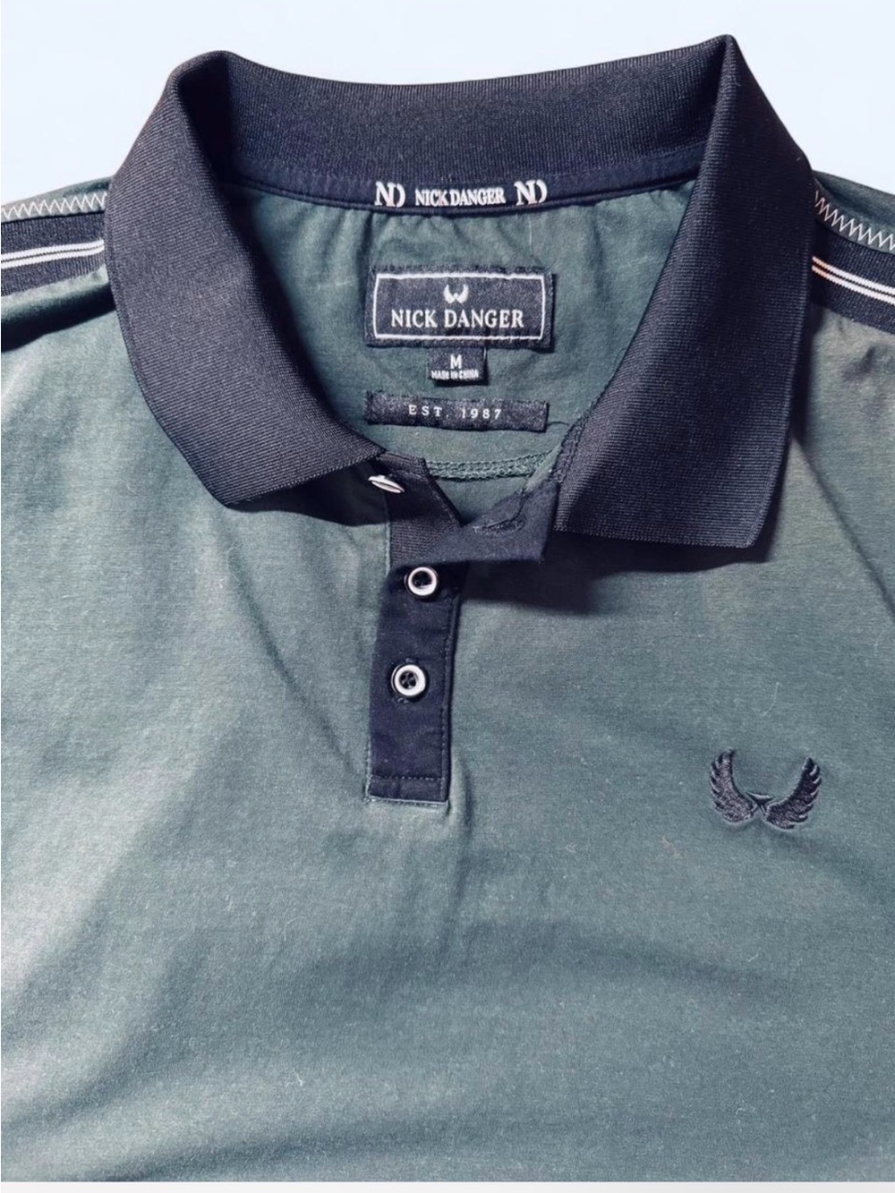Nick Danger Men's Olive Green Polo Shirt with Black Trim - Picture 6 of 7